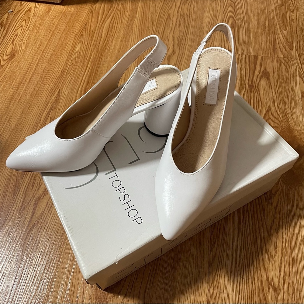 Topshop women white sling-back pump pointed block heels size 4.5